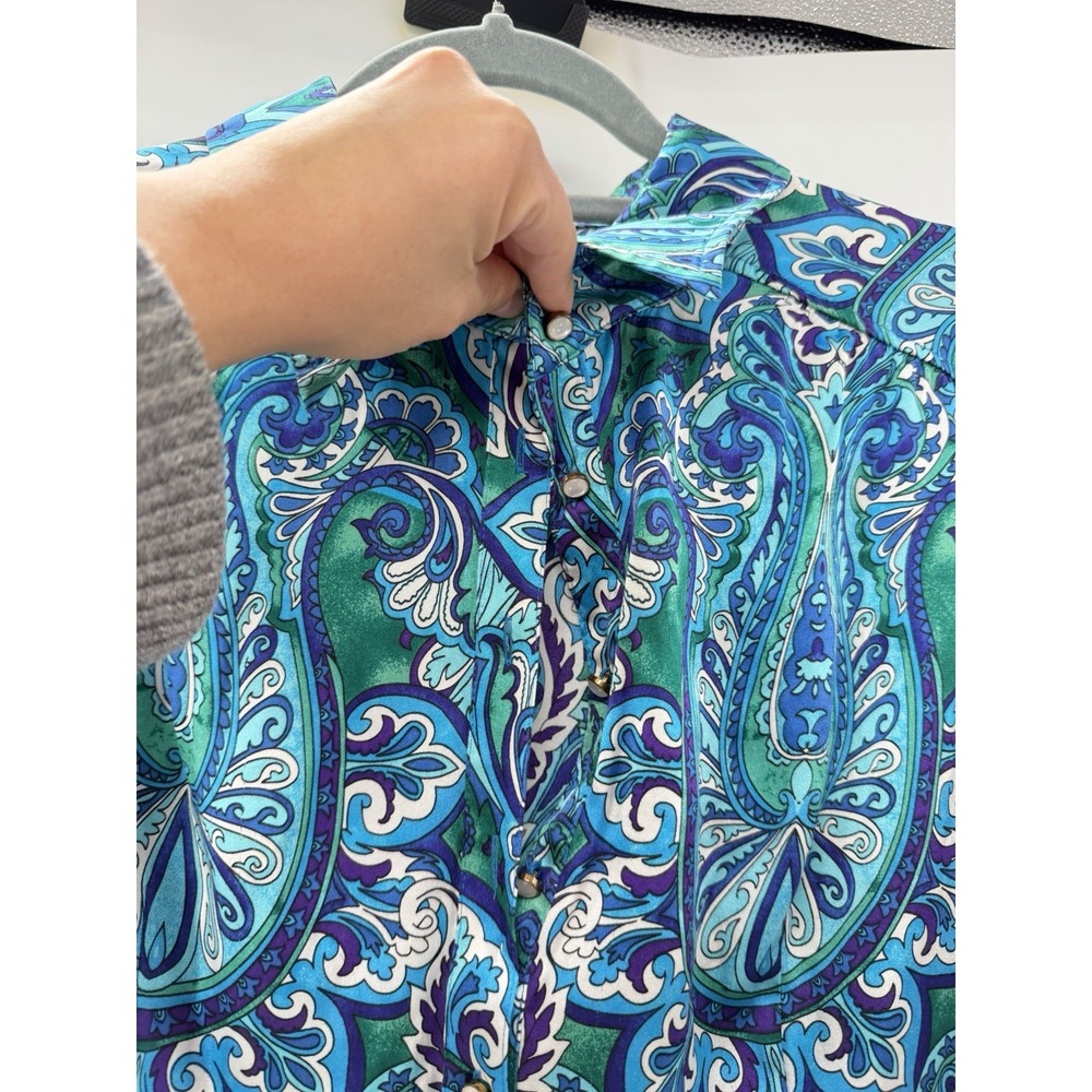 CACHE Silk Blouse Womens L Blue Paisley Psychedelic Rave Cowboy Glam Retro Pearl - Picture 6 of 9